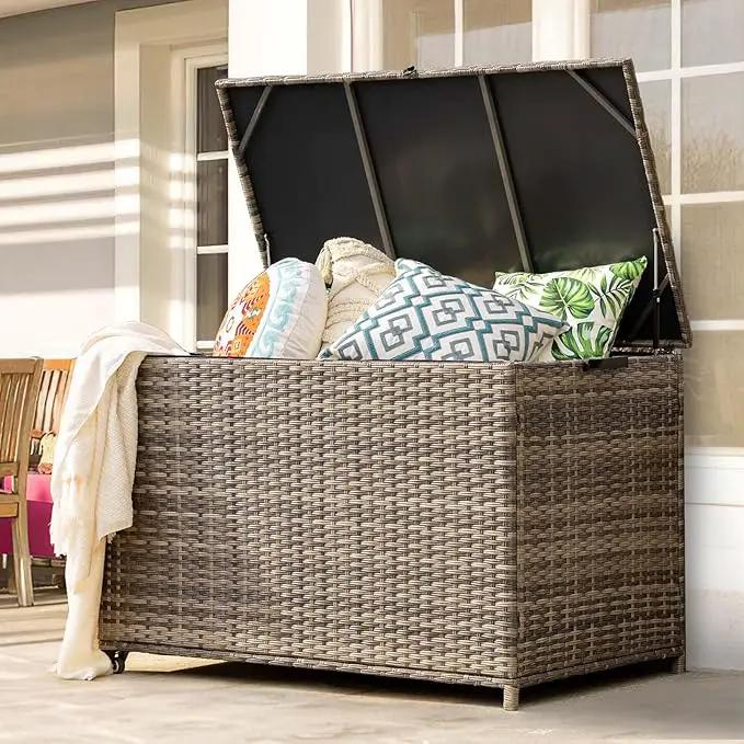178 Gallon Outdoor Storage Box, Patio Deck Box with 2 Wheels, Handle Large Portable Wicker Rattan Deck Box for Patio Furniture Cushions, Throw Pillows, Garden Tools and Pool Floats (Gray) by GreenHaven Gardens