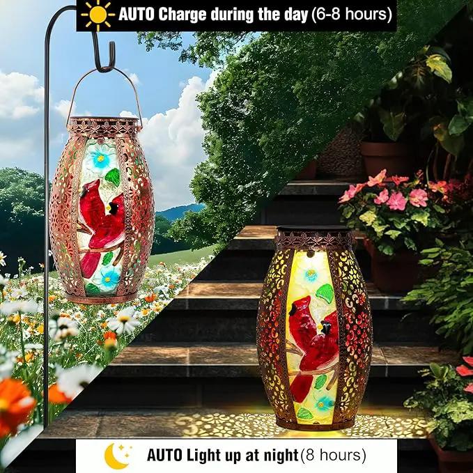 Outdoor Solar Lantern-Waterproof Two Cardinal Hanging Metal Decorative Lights for Patio Table Garden Pathway Yard with Super Bright Warm White LED, Large Solar Panels, Auto On/Off Sensor by GreenHaven Gardens