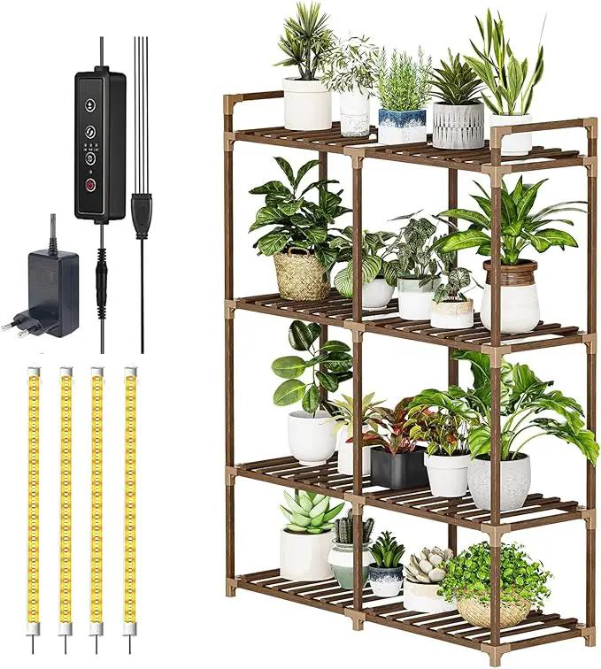 Bamworld Plant Stand with Grow Lights for Indoor Plants Wood Plant Shelf 4 Tier Large Flower Stand for Mutiple Plant Holder Rack for Patio Living Room Balcony by GreenHaven Gardens