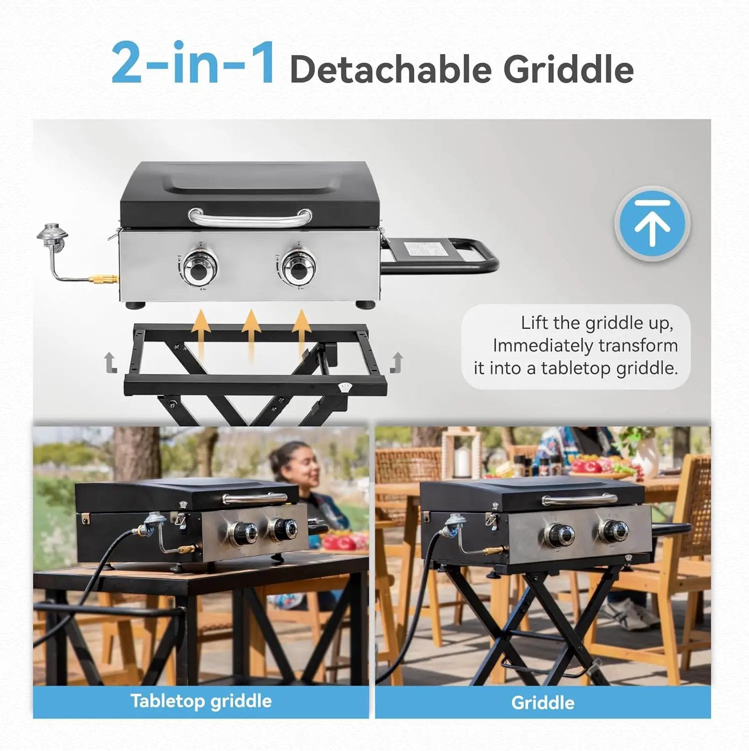 GREEN PARTY 2 Burner BBQ Propane Gas Griddle with Collapsible Stand, 18 Inch Portable Griddle with Side Table & 253 Sq. In. Cooking Area, Flat Top Gas Grill for Outdoor Cooking Garden Patio Backyard by GreenHaven Gardens