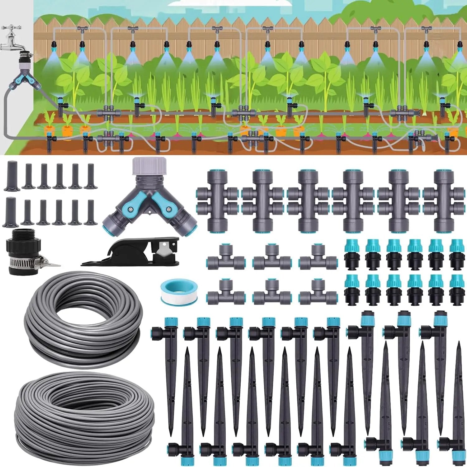 230FT Drip Irrigation System, Quick-Connect Automatic Garden Watering Misting System, with 1/2 inch and 1/4 inch Distribution Tubing, Drip Irrigation Kit for Lawn, Greenhouse, Patio by GreenHaven Gardens
