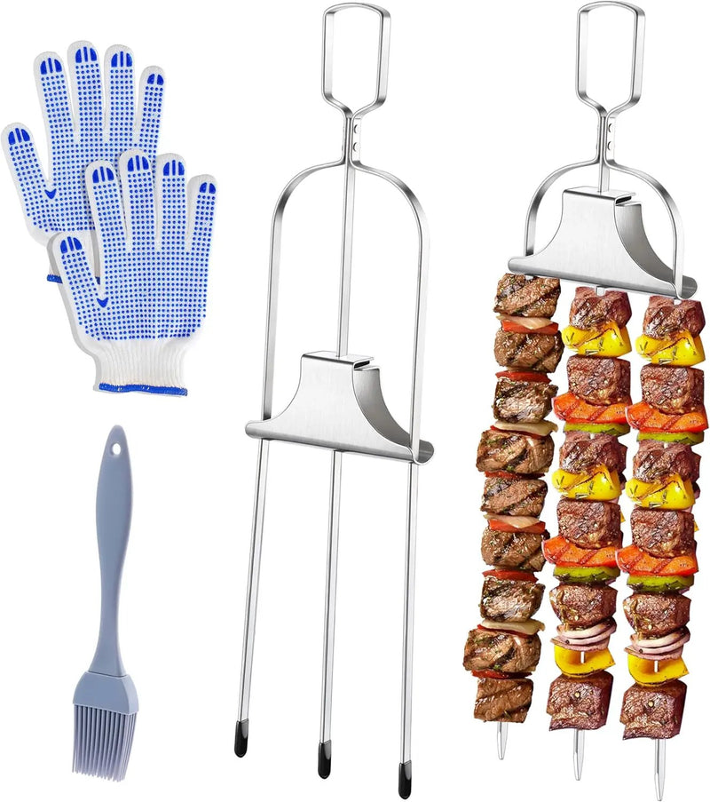 2PCS Kabob Skewers for Grilling, 14'' Stainless Steel Kebab Skewers, 3 Prong Metal Grill Skewer with Push Bar Slider, Skewer Sticks for Meat Veggies Marshmallows Fruits, BBQ Barbecue Accessories by GreenHaven Gardens