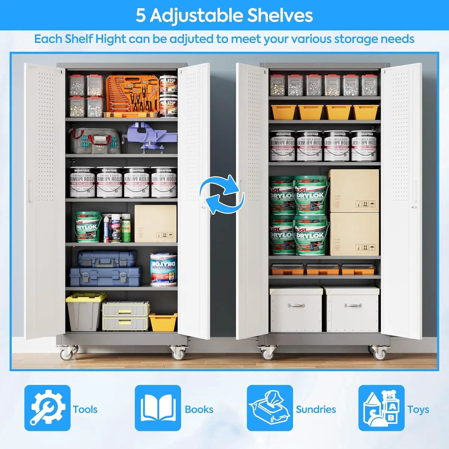 Metal Garage Storage Cabinet with Wheels & Pegboard, Lockable Metal Storage Cabinets with 2 Doors&5 Adjustable Shelves for Garage&Home,Assembly Required,Gray White 71''H x32''W x16''D by GreenHaven Gardens