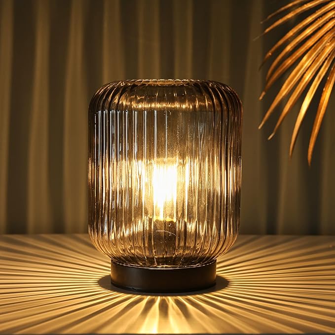 Battery Operated Lamp, Cordless Table Lamps for Home Decor, Battery Powered Nightlight with LED Bulb, Decorative Glass Beside Lamp for Bedroom Living Room-Grey by GreenHaven Gardens