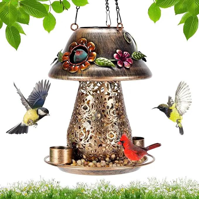 Mushroom Solar Bird Feeders for Outdoors Hanging Metal Wild Bird Feeder Garden Lantern with S Hook for Garden Decoration Brown by GreenHaven Gardens