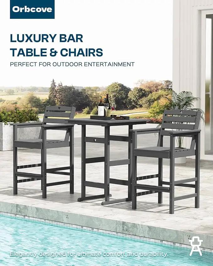 3-Piece HDPE Outdoor Bar, Outdoor Bar Stools and Outdoor Bar Table with Heart Cutout Design, All Weather Bistro Set Outdoor for Patio, Porch, Pool (Grey) by GreenHaven Gardens