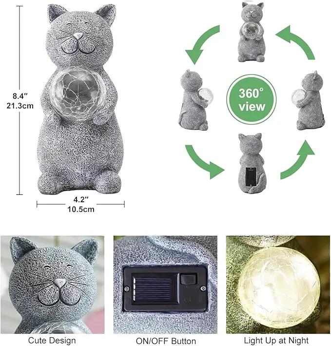 Solar Cat Statue Garden Decor - Cat Lover Gifts, with Gazing Solar LED Lights Ball Cat Decoration for Garden Yard Patio Lawn Balcony - Gifts for Mom Grandma (Gray Cat) by GreenHaven Gardens