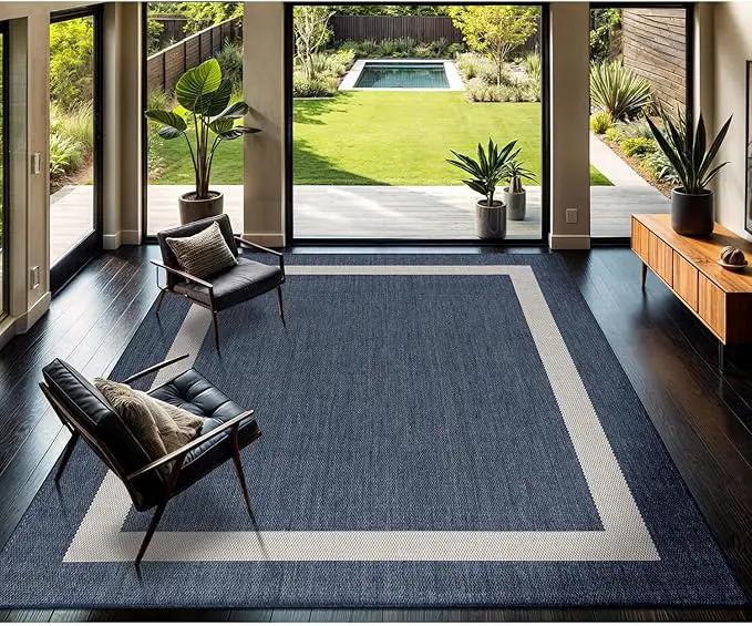 CAMILSON Outdoor Rug 8x10, Modern Outside Rugs for Patios Porches Waterproof Durable Washable Non-Shedding, Easy-to-Clean Indoor Outdoor Area Carpet (8 x 10, Bordered - Blue/White) by GreenHaven Gardens