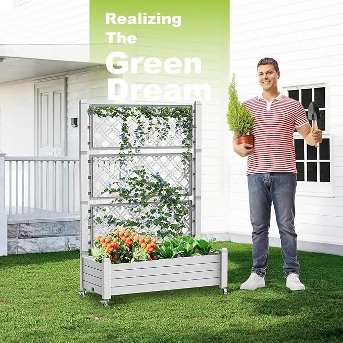 Elevated Raised Garden Bed with Trellis,Outdoor Large Resin Patio Planter Box Stand Divisible with Drain Plug,Water Monitor for Plants Vegetables Flowers Fruits (Ashen, 43.43 * 18.27 * 64.29) by GreenHaven Gardens