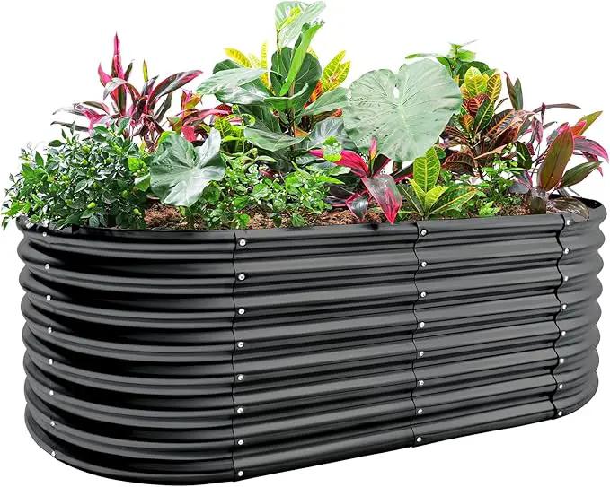 Land Guard 24“ Tall Galvanized Raised Garden Bed Kit, Galvanized Planter Garden Boxes Outdoor, Oval Large Metal Raised Garden Bed for Vegetables (Dark Gray, 4×2×2ft) by GreenHaven Gardens