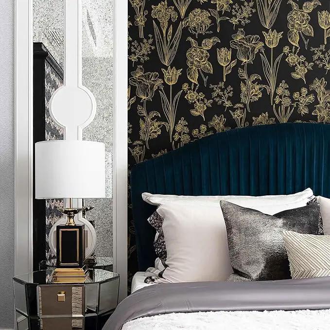 Dimoon 236"x17.3" Floral Wallpaper Peel and Stick Flowers Golden Black Contact Paper Thicken Waterproof Modern Self Adhesive Plants Wallpaper Removable Wall Paper Shelf Vinyl Roll by GreenHaven Gardens