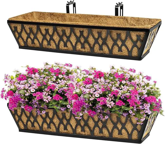 2 Pack 24 Inch Window Boxes Planters Railing Planter Box with Adjustable Brackets for Porch Fence Patio Balcony Hanging Flower Baskets with Coco Liners for Outdoor Garden Décor - Black by GreenHaven Gardens