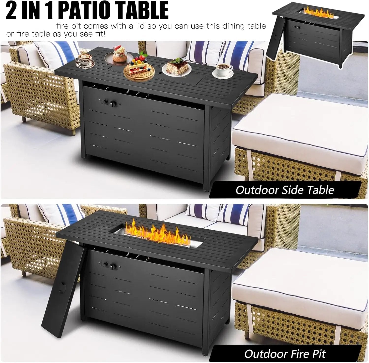 45 inch Propane Fire Pit Table,50000 BTU Gas Fire Pits Table with Lid & Lava Rock & Waterproof Cover, Outdoor Propane Firepit for Dining or Party, Outside, Patio, Garden, Yard by GreenHaven Gardens