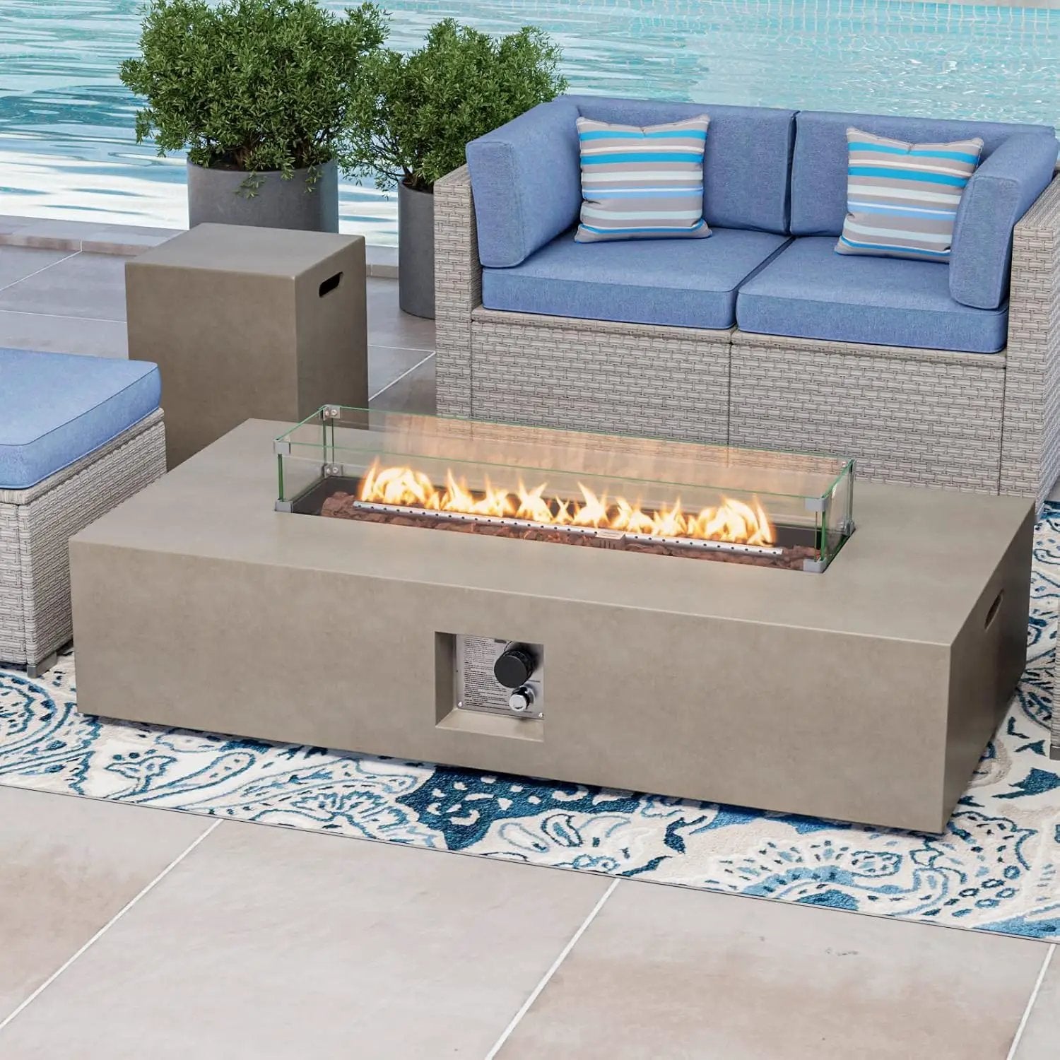 COSIEST 2-Piece Outdoor Propane Fire Table Set, Rectangle Concrete 56" x 28" Gray Fire Pit (CSA Certified, 50,000 BTU) w 20lb Tank Table, Wind Guard, Waterproof Cover for Garden, Porch, Backyard by GreenHaven Gardens