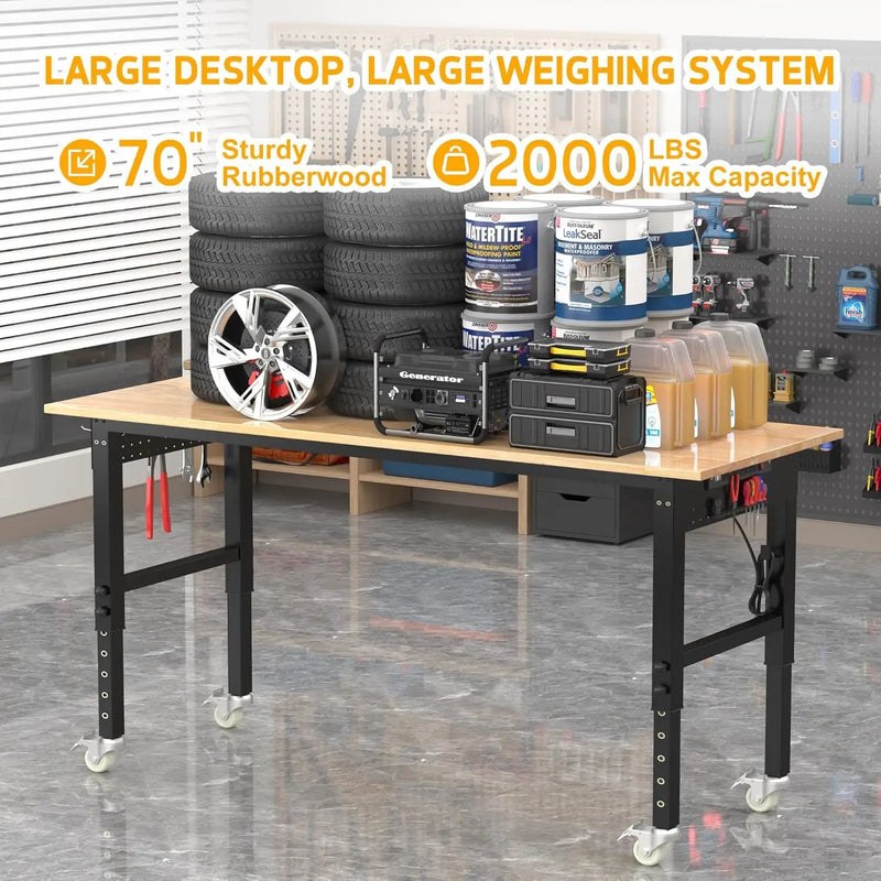 70’’ Work Bench Adjustable Workbench Heavy Duty Work Table with Power outlets, Pegboard, Wheels and Foot Pads, 2000 Lbs Capacity Hardwood Work Benches for Garage, Workshop, Office, Home by GreenHaven Gardens