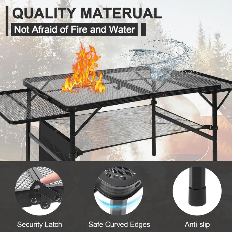 Folding Grill 4.4 FT Portable Camping Table with 2 Wing Panels, Height Adjustable Metal Outdoor Table with Mesh Desktop and Mesh Bag, Picnic, Beach and BBQ, Party, Black by GreenHaven Gardens
