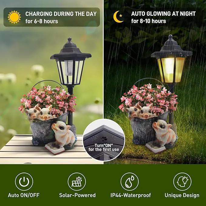 Outdoor Pigs Statues Solar Sculptures with Solar Lights and Flowerpot Funny Garden Decor Animal Figurines Resin Outdoor Statues for Patio Yard Lawn Balcony Gifts by GreenHaven Gardens