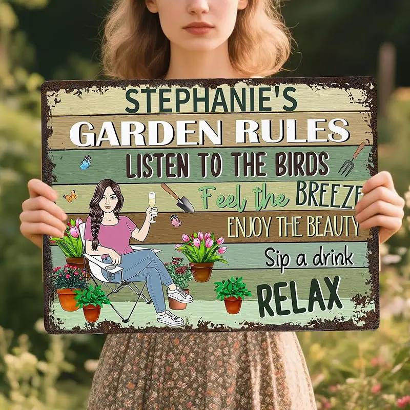 Personalized Retro Garden Metal Sign, Custom Cartoon Character and Name, Funny Garden Decor, Gift for Family, Friends, Women Gardeners, Gardening Lovers, Yard Outdoor Artwork Prints by GreenHaven Gardens