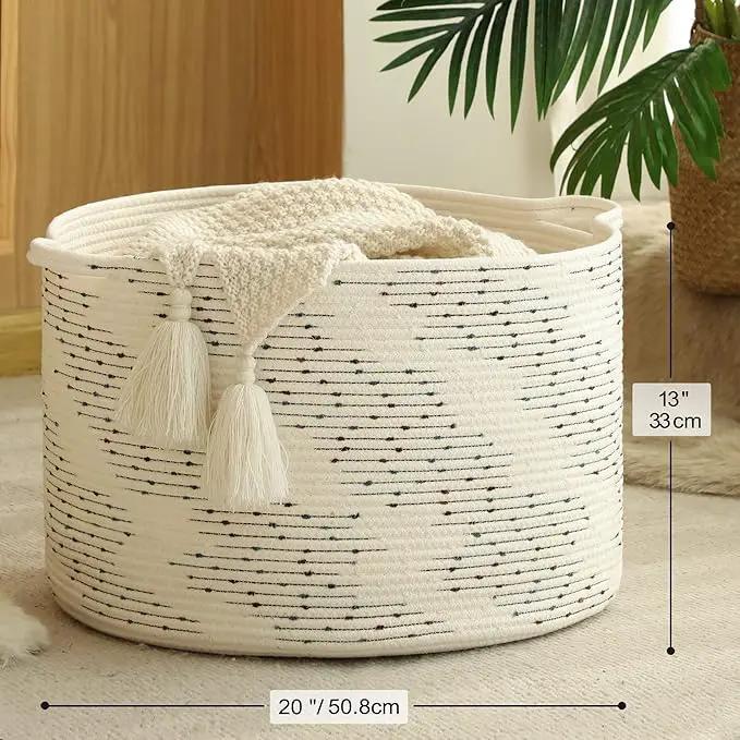 KAKAMAY Large Blanket Basket (20"x13"),Woven Baskets for storage Baby Laundry Hamper，Cotton Rope Blanket Basket for Living Room, Laundry, Nursery, Pillows, Off White with Blue & Brown Dotted Pattern by GreenHaven Gardens