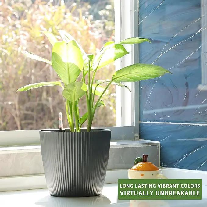 Dexceder 9x8 Self Watering Planters Indoor, Inner Mat Design, Table Flower Plant Pot with Water Level Indicator (2 Pack, Gray) by GreenHaven Gardens