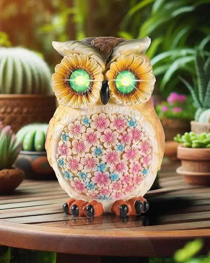 Hand-Painted Resin Owl Figurine with Glow-in-The-Dark Eyes, Solar-Powered Garden Decor 5.5'' Lawn Ornaments Statue Gardening Gifts for Outside Yard Art Patio (Owl) by GreenHaven Gardens