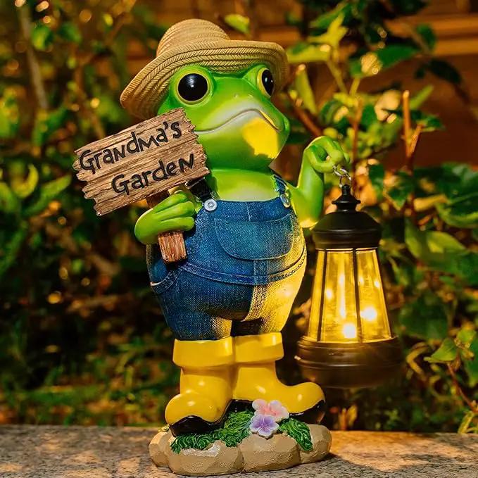 Frog Garden Statue with Solar Light, Gardener Frog Decoration with Solar Lantern Light for Home, Outdoor, Garden, Patio and Yard Decor, Best Gifts for Mom/Grandma, Grandma's Garden by GreenHaven Gardens
