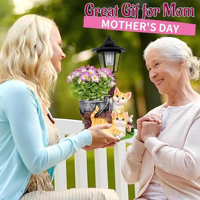 Solar Cat Outdoor Statues, Garden Sculptures with Flowerpot Decor & Solar Lantern for Yard Art Lawn Ornaments Porch Patio Balcony - Idea Gifts for Women Mom Grandma by GreenHaven Gardens
