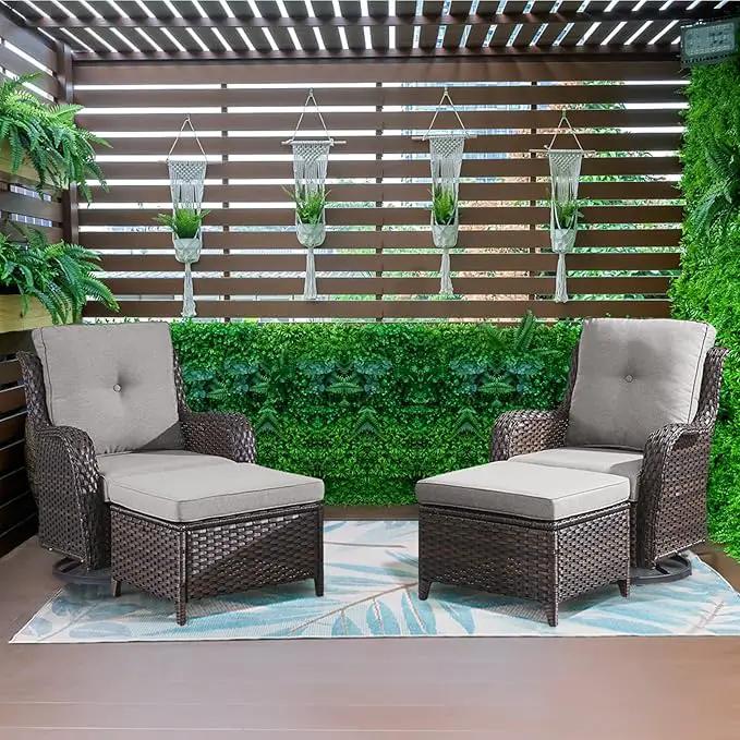Wicker Outdoor Furniture Patio Furniture Set - 6 Piece Patio Conversation Set with Swivel Rocker Chairs, Loveseat Sofa, Ottomans and Coffee Table, Gray Cushion by GreenHaven Gardens