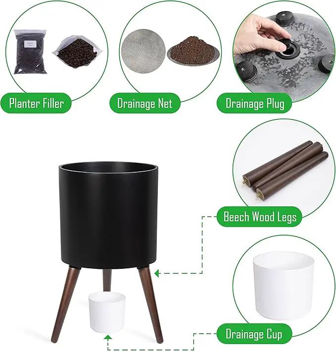 D'vine Dev 12 Inch Planter Pot with Stand, Mid-Century Tall Plant Pot with Legs for Indoor Plants, Large, Black, 88-O-C-2 by GreenHaven Gardens