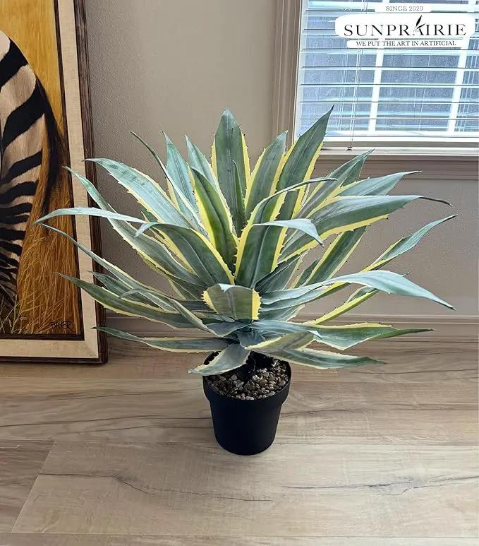 SUNPRAIRIE 32 Inch Tall Large Faux Agave Plant with Two-Tone Sawtooth Edged Leaves; Planted in Black Pot with Real Stone Pebbles. Large Artificial Plants Indoor and Outdoor. by GreenHaven Gardens