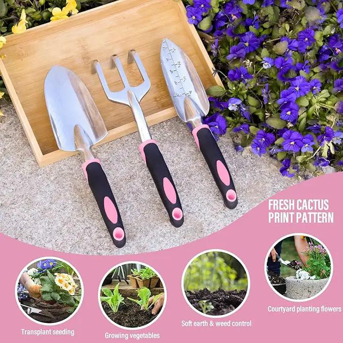 Garden Tool Set SOYUS Heavy Duty 3 Piece Gardening Hand Tools Aluminum Garden Shovel for Planting Hand Trowel Cultivator Rake with Ergonomic Non-Slip Rubber Grip Pink Gardening Gifts for Women by GreenHaven Gardens