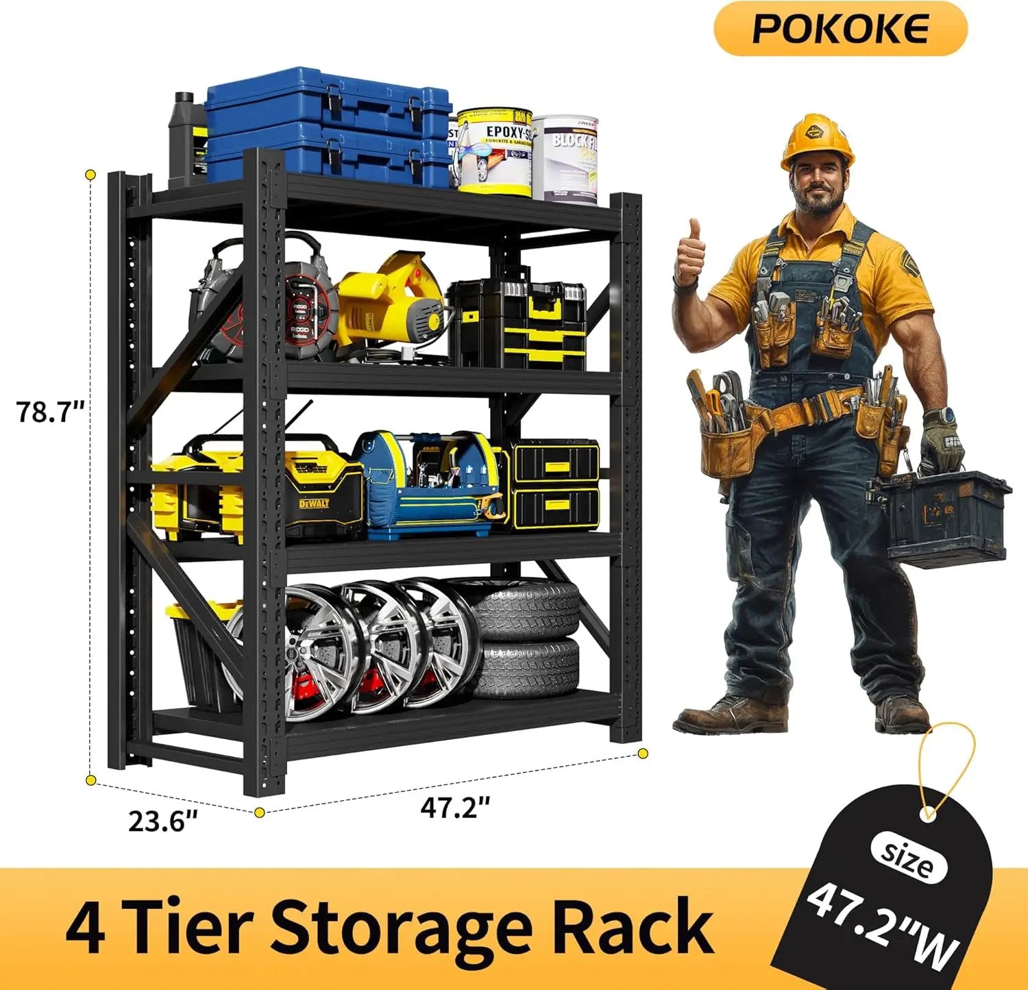 Garage Shelving Unit, 4 Tier Heavy Duty Racks, Easy Assembly, Metal Racks with Adjustable Shelves, 3000 LBS Load Capacity,for Warehouse,Basement (Black, 23.6" D x 47.2" W x 78.7" H) by GreenHaven Gardens