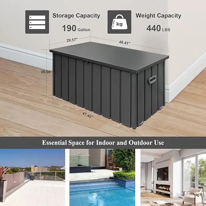 Domi Deck Box 190 Gallon, Waterproof Lockable Steel Outdoor Storage Container for Outside Cushions, Garden Tools and Pools Equipment, Gray