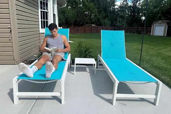 PURPLE LEAF Outdoor Chaise Lounge Staight Legs Adjustable Sunbathing Recliner with Side Table Blue 2 Sets by GreenHaven Gardens