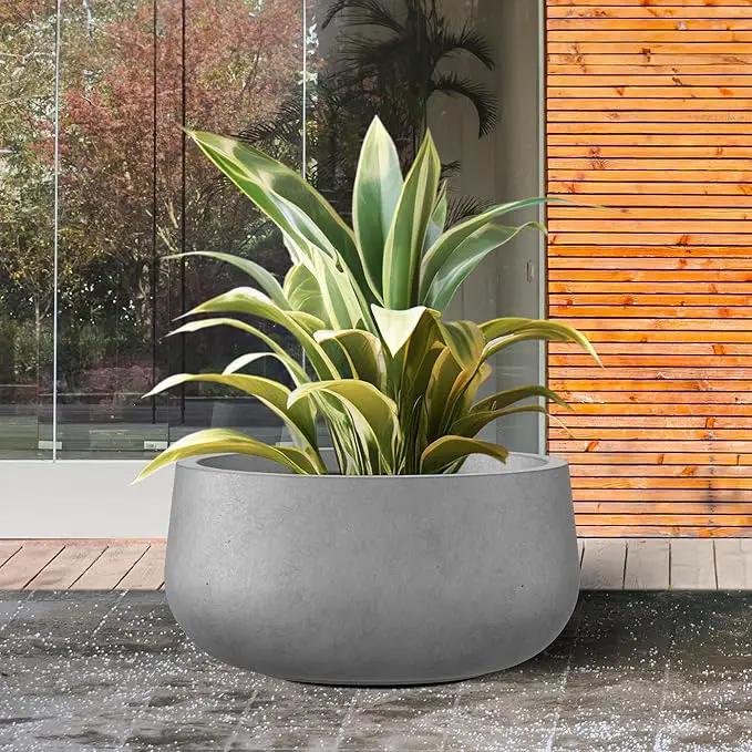 Kante 15.7" Dia Round Concrete Planter, Outdoor Indoor Garden Plant Pots with Drainage Hole and Rubber Plug, Modern Curvaceous Design, Natural Concrete by GreenHaven Gardens