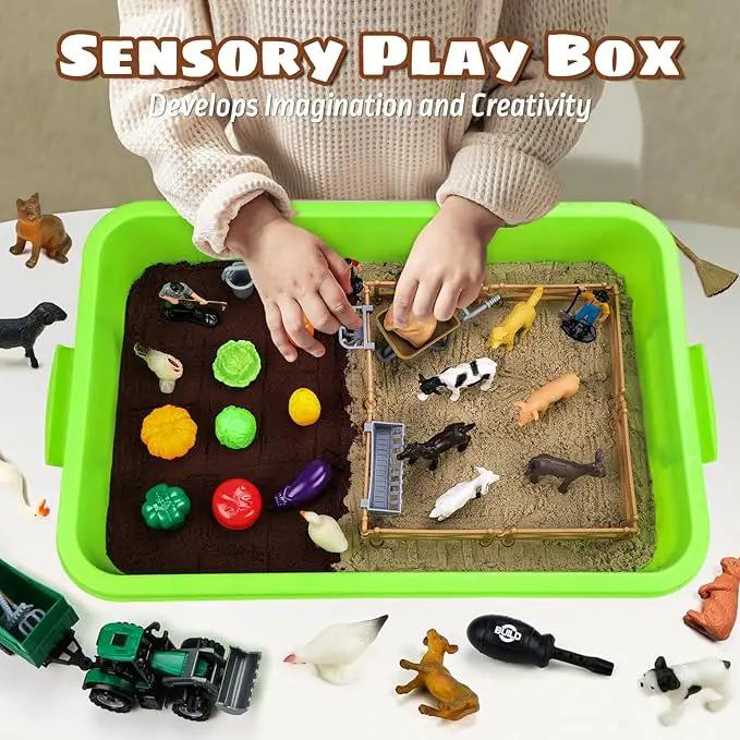 69 PCS Farm Sensory Bin Toys Playset, Sandboxes with Sand, Farmer Tractor & Farm Animals Figures Toys for Kids 3 4 5, Gifts for 6 7 Years Old Boys Girls Toddlers by GreenHaven Gardens