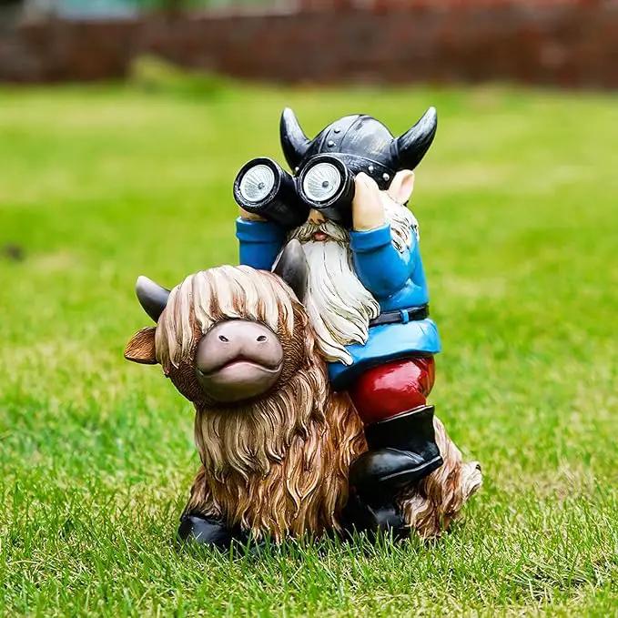 Garden Gnome Statues Resin Gnome Sitting on Highland Cow Solar Lights Outdoor Telescope Gnome Gifts for Yard, Patio Decor Gift(Cow Gnome) by GreenHaven Gardens