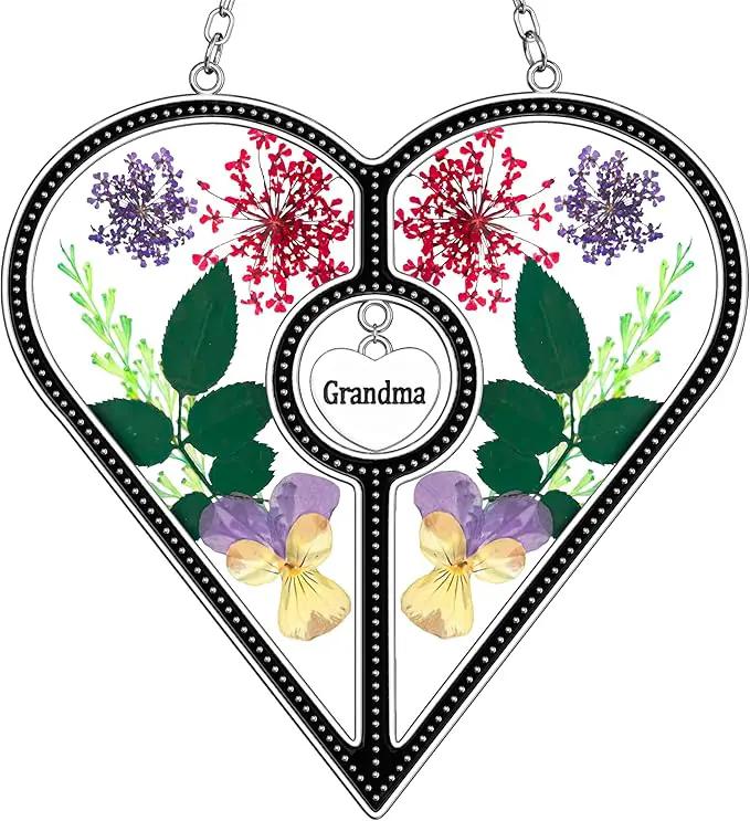 KY&BOSAM Heart Suncatcher Grandma Stained Glass for Windows Hangings Ornament Wind Chimes with Pressed Real Flower Heart Embedded in Glass Birthday Gifts for Women Grandma Mother`s Day Christmas Decor by GreenHaven Gardens