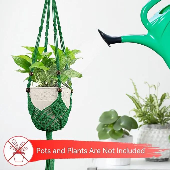 USLAI Macrame Handmade Basket Plant Hanger (2-Pack), for 3-8 Inch Pots, Indoor Outdoor Strong Hanging Planter Flower Pot Holder with Beads and Tassels, Boho Home Decor (POTS NOT Included) (Green) by GreenHaven Gardens