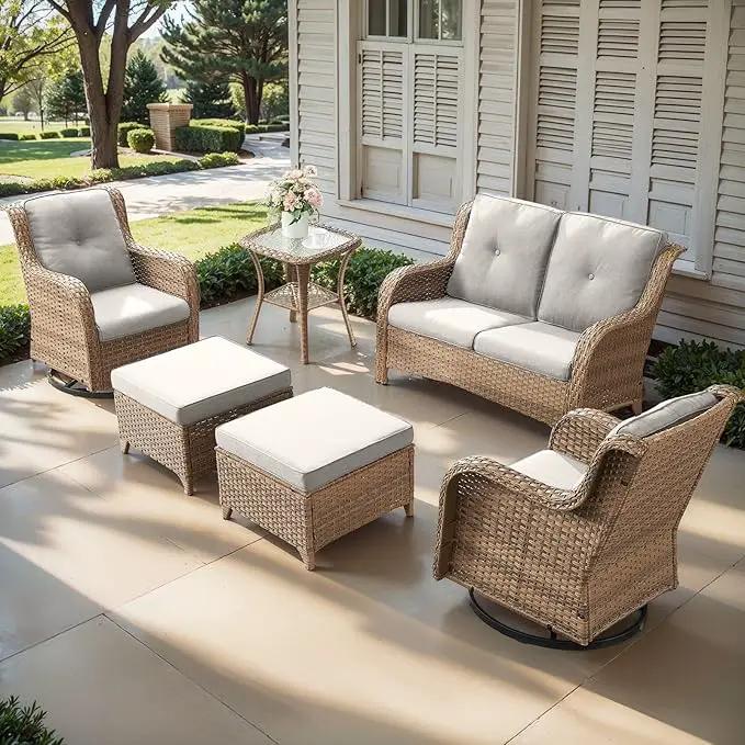 Outdoor Wicker Patio Furniture Set - 6 Piece Rattan Patio Conversation Set with 2 Rocking Swivel Chairs,2 Ottomans,1 Loveseat and 1 Side Table for Porch Deck Backyard Garden(Yellow/Beige) by GreenHaven Gardens