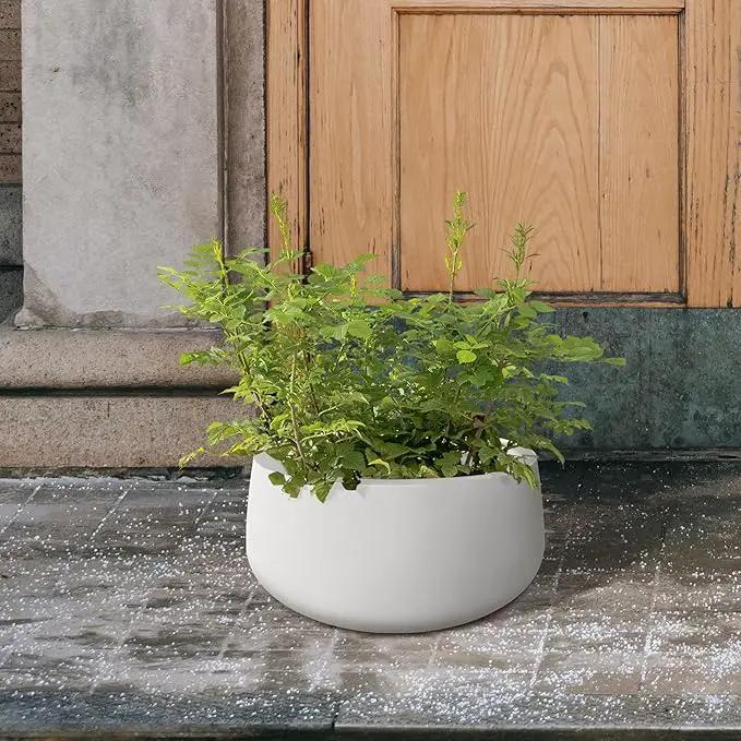Kante 19.6" Dia Round Concrete Planter, Outdoor Indoor Garden Plant Pots with Drainage Hole and Rubber Plug, Modern Curvaceous Design, Pure White by GreenHaven Gardens