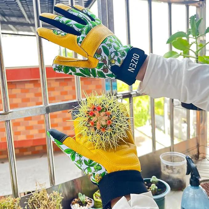 Cowhide Leather Thorn Proof & Puncture Resistant Gardening Gloves for Women, Touchscreen Compatible Working Gloves for Weeding, Digging, Planting, Gardening Gifts for Women (Green bellflowers, Medium) by GreenHaven Gardens