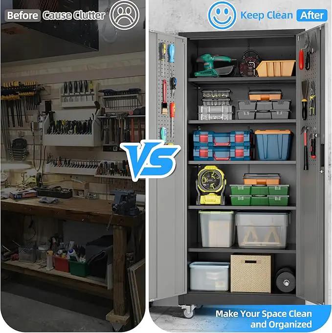 71" H×32" W×16" D Garage Storage Cabinet with Wheels & Pegboard, Locking Metal Storage Cabinet with Doors and 5 Adjustable Shelves & & 4 Hooks for Garage Warehouse Home Office, Black and Gray by GreenHaven Gardens