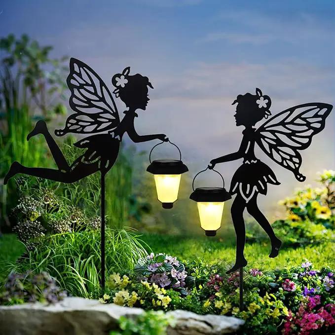 Solar Fairy Garden Stake Decorative Lantern, 2 Pack Metal Fairy Angel Garden Silhouette Lights for Lawn, Pathway, Patio, Yard Outdoor Decor by GreenHaven Gardens
