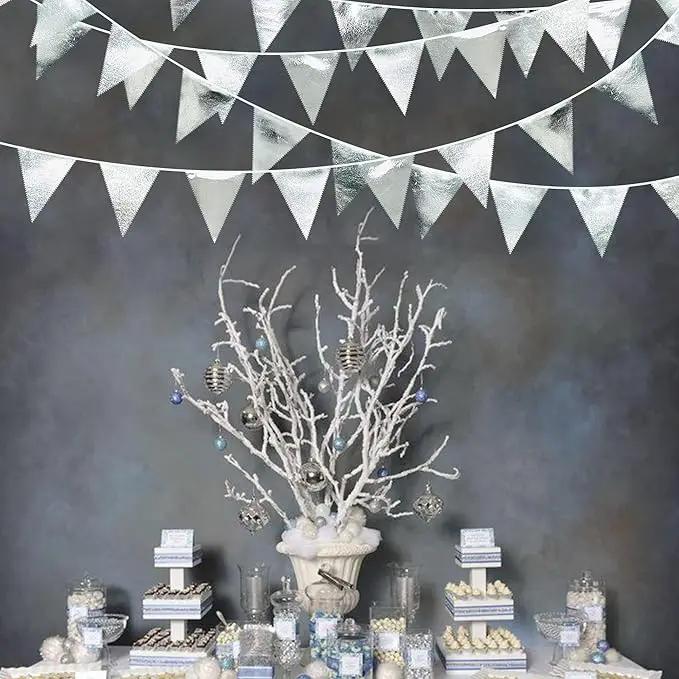 Silver Party Decorations Metallic Fabric Triangle Pennant Banner Silver Flag Bunting Garland for Graduation Birthday Wedding Bridal Shower Anniversary Engagement Bachelorette Party Decoration Supplies by GreenHaven Gardens