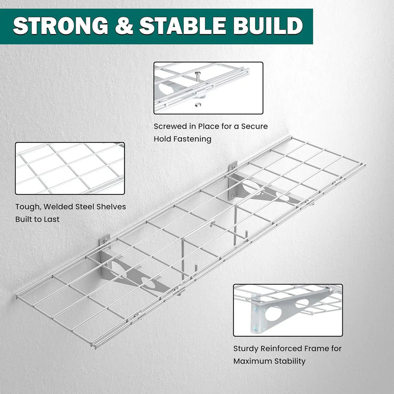 EVERHANGER Garage Wall Shelves, 12 X 48 Inch Wall Mounted Storage Shelves, Heavy Duty Metal Shelving with Hooks, 2 Pack, White by GreenHaven Gardens
