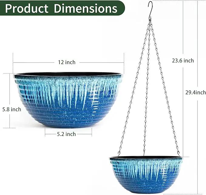 12 inch Hanging Planters for Indoor Outdoor Plants, 2 Pack Large Hanging Flower Pots with Drainage Holes and Chain, Glazed Hanging Baskets for Home Garden Decoration (Blue Flow Glaze) by GreenHaven Gardens