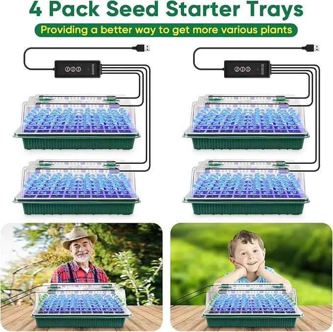BlumWay Seed Starter Tray with Grow Light,4 Pack 160 Cells Seedling Tray with Humidity Dome/Indoor Grow Kit for Deep-Rooted Seedlings,Adjustable/Timed Light Plant Starter Set by GreenHaven Gardens