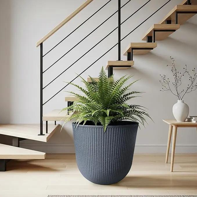 WORTH Garden Round Large Planter Pot 1-Pack - 17.5" Dia x 15.5" H - Durable Plastic Grey Plant Tree Pots with Vertical Stripe Textured Finish, Drainage Hole for Indoor, Outdoor, Front Porch, Patio by GreenHaven Gardens