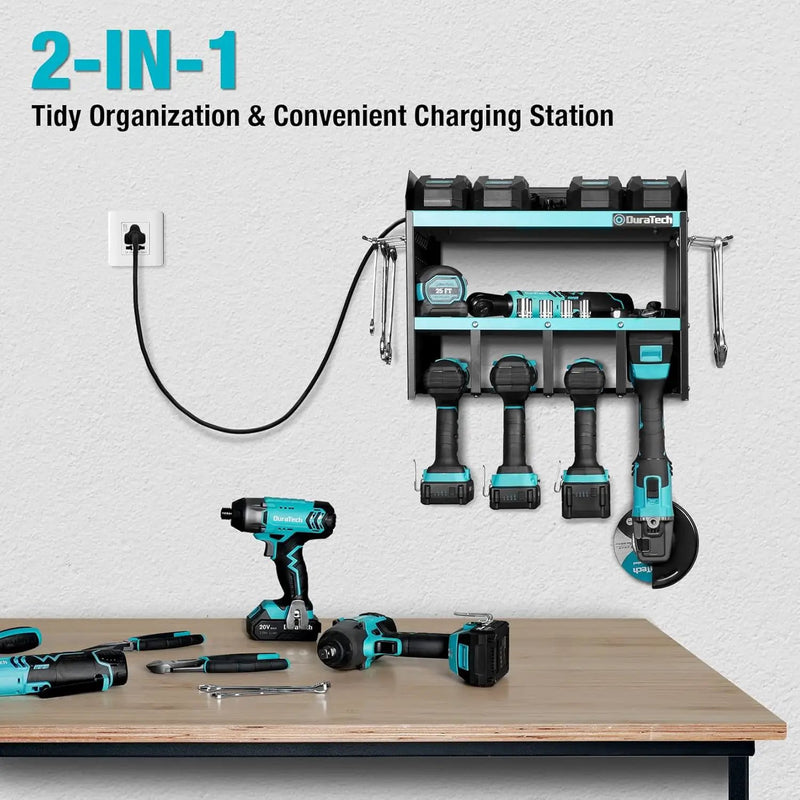 DURATECH Power Tool Organizer Wall Mount with Power Strip, Carbon Steel, Blue, 16.8in Width, 10.9in Depth, 14in Height by GreenHaven Gardens